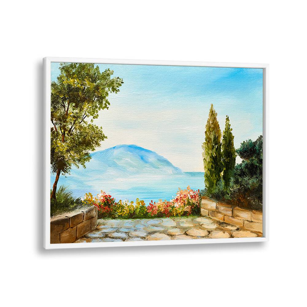 Garden Seascape Vintage European Paintings in White Plain Frame