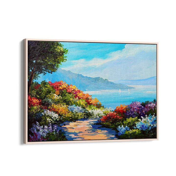 Garden Seascape ii Vintage European Paintings in Oak Wood Floater Frame