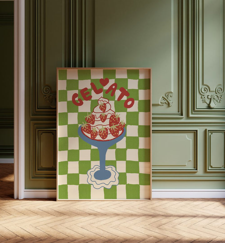 Gelato by Studio Dolci Kitchen Art Prints in Oak Wood Plain Frame placed on the floor beside a window