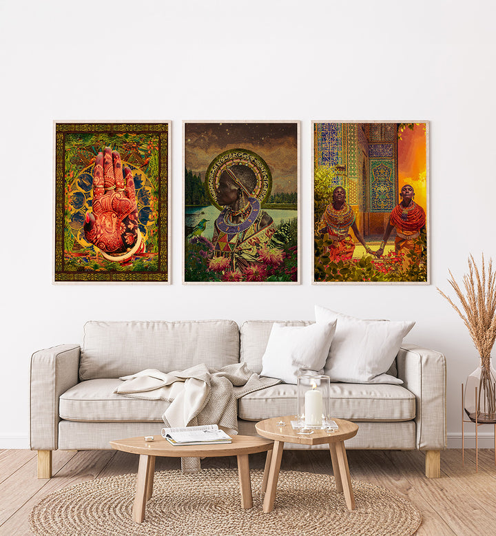 Living room with a beige sofa, wooden coffee tables, and three colorful artworks on the wall.