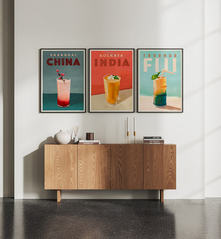 COCKTAIL CAPITALS SET , SET OF 3 PAINTINGS