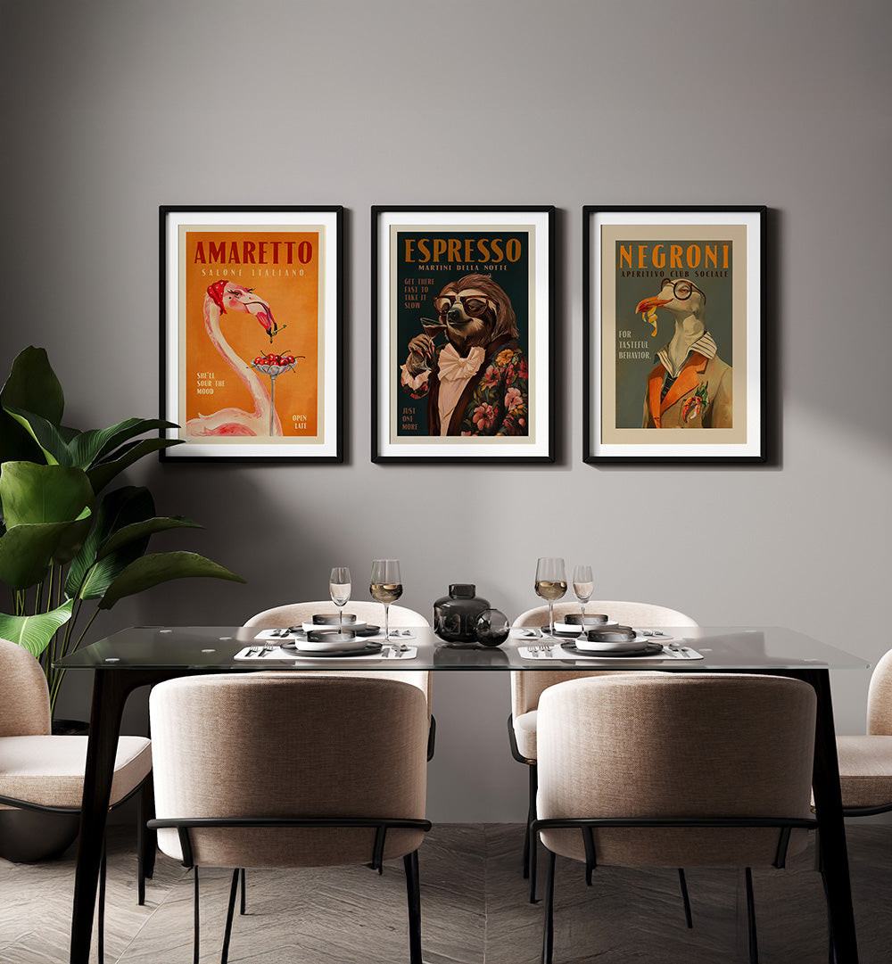 Dining room with framed posters on the wall