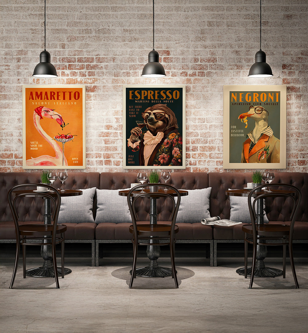 Modern cafe interior with vintage-style posters on a brick wall.
