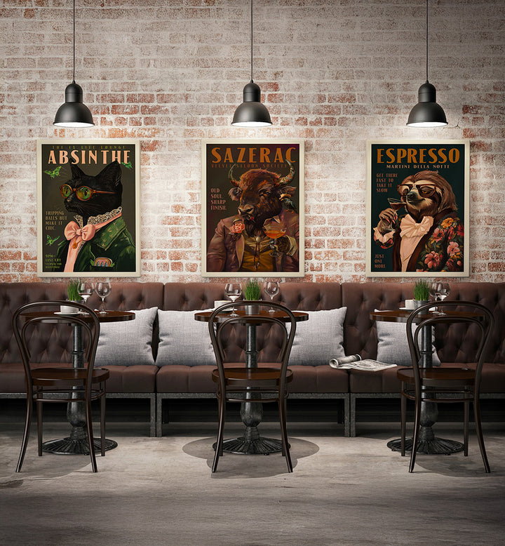 Bar interior with vintage-style posters on a brick wall