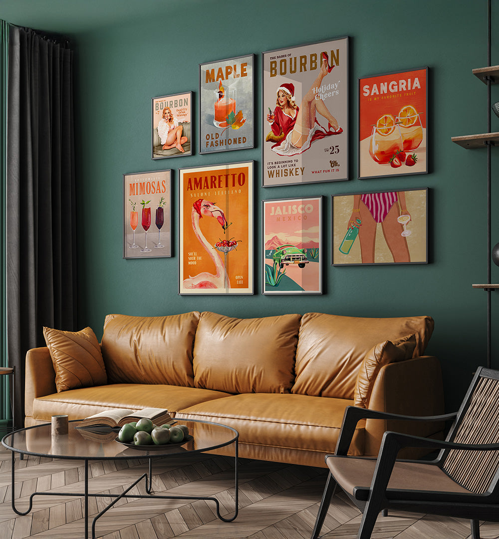 Living room with a brown leather sofa and decorative wall posters on a teal wall.