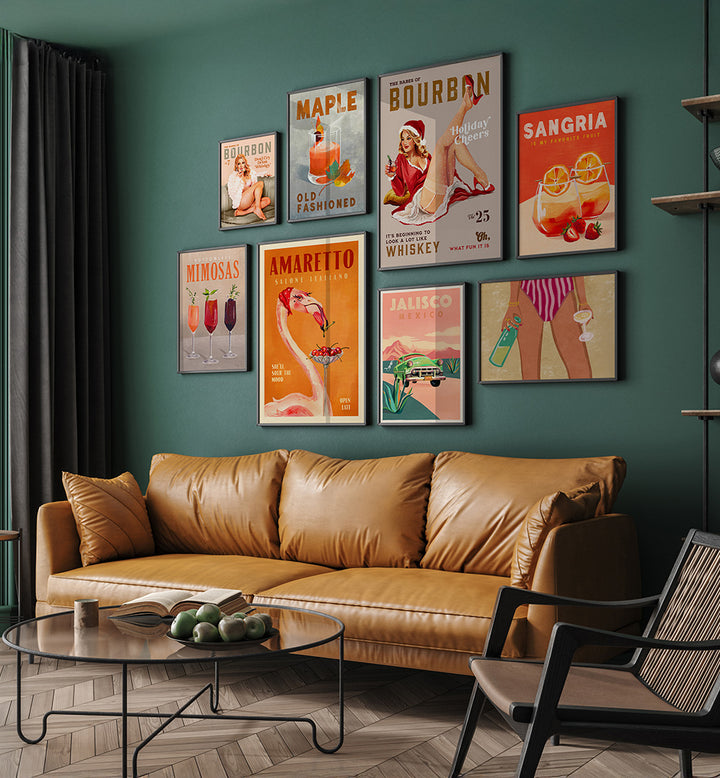 Living room with a brown leather sofa and decorative wall posters on a teal wall.