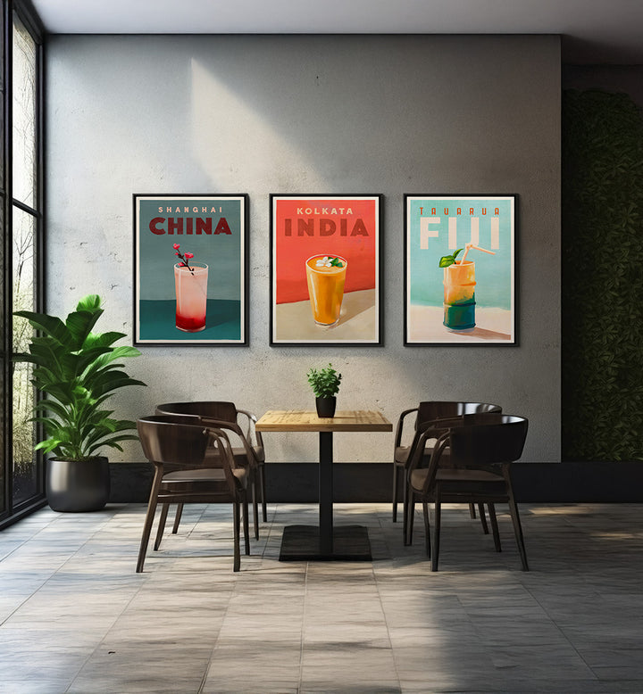 COCKTAIL CAPITALS SET , SET OF 3 PAINTINGS