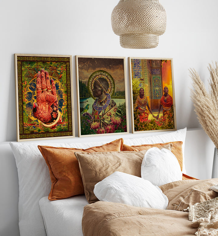 Decorative pillows on a sofa with colorful wall art in the background
