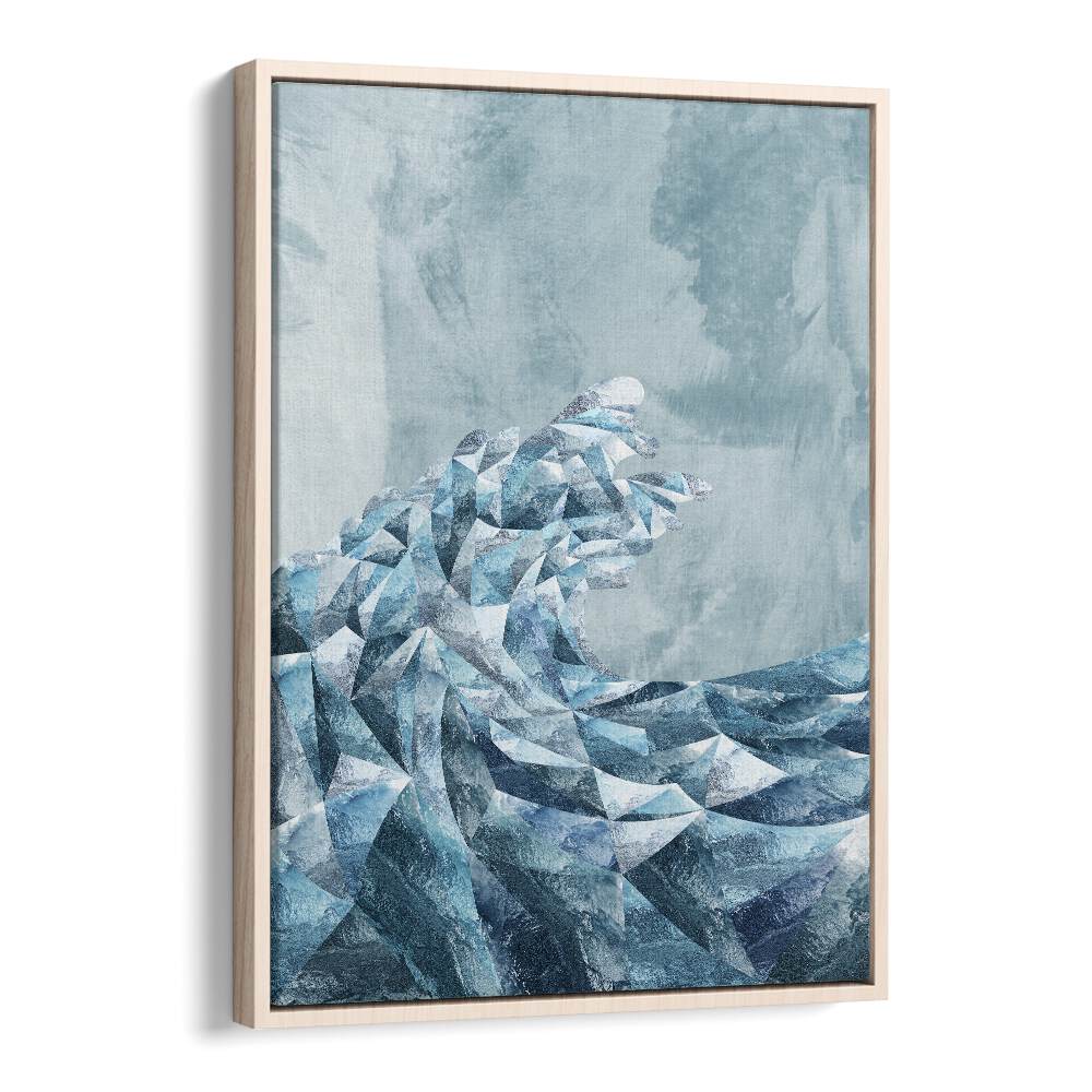 Geometric Metallic Silver Wave By Sarah Manovski Abstract Painting in Oak Wood Floater Frame