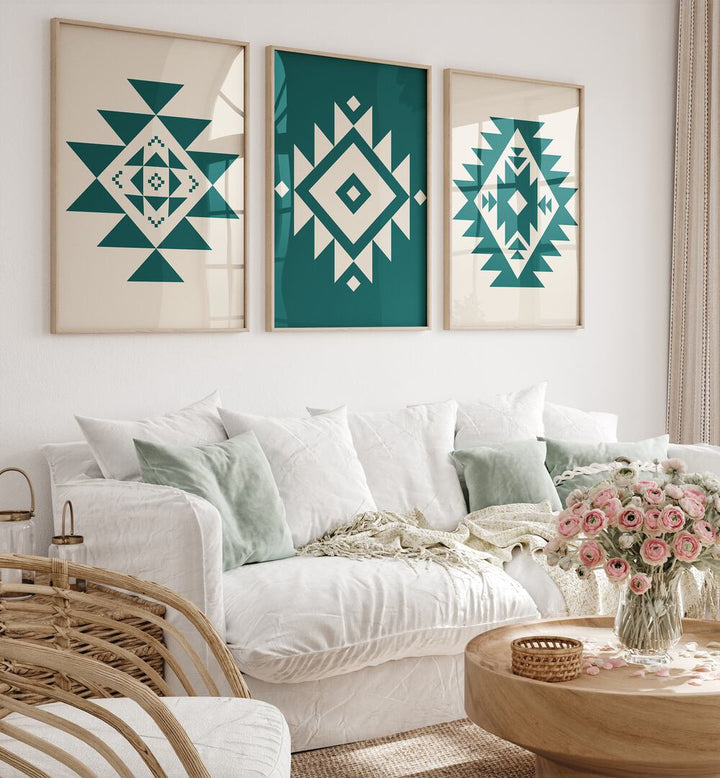 Geometric Patterns Set Of 3 Paintings in Oak Wood Plain Frame placed on a wall living room wall behind a sofa