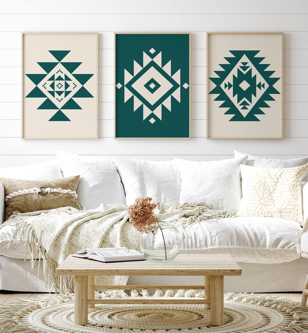 Geometric Patterns Set Of 3 Paintings in Oak Wood Plain Frame placed on a wall living room wall behind a sofa