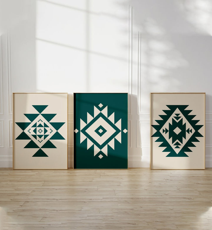 Geometric Patterns Set Of 3 Paintings in Oak Wood Plain Frame placed on the floor