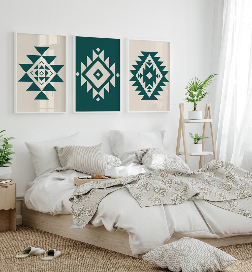 Geometric Patterns Set Of 3 Paintings in White Plain Frame placed behind a bed for bedroom