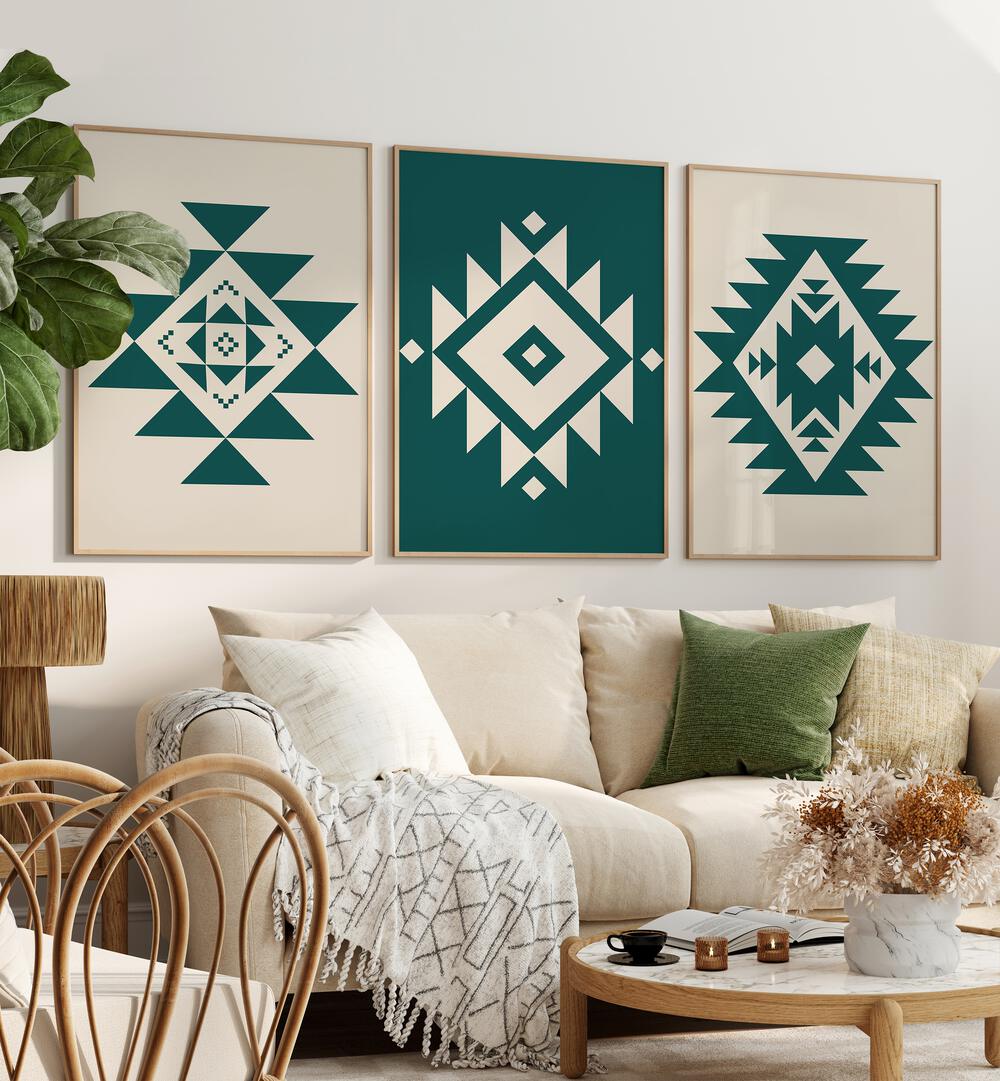 Geometric Patterns Set Of 3 Paintings in Oak Wood Plain Frame placed on a wall living room wall behind a sofa