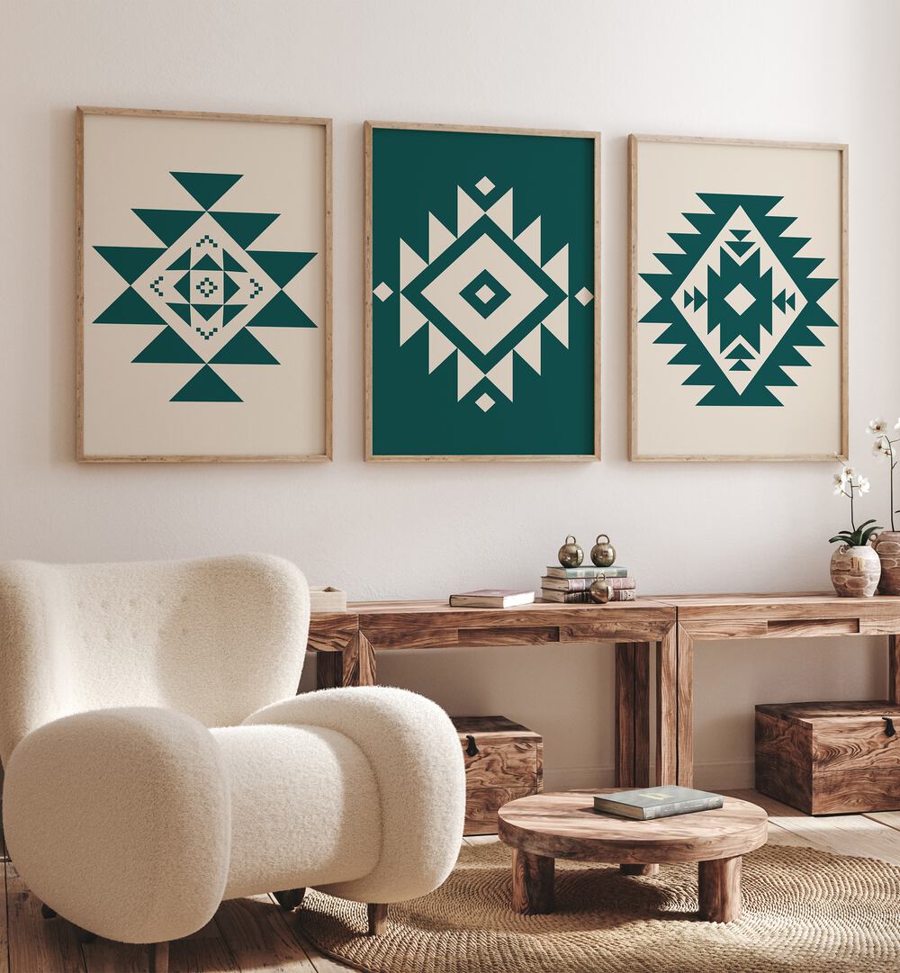 Geometric Patterns Set Of 3 Paintings in Oak Wood Plain Frame placed on a wall behind tables