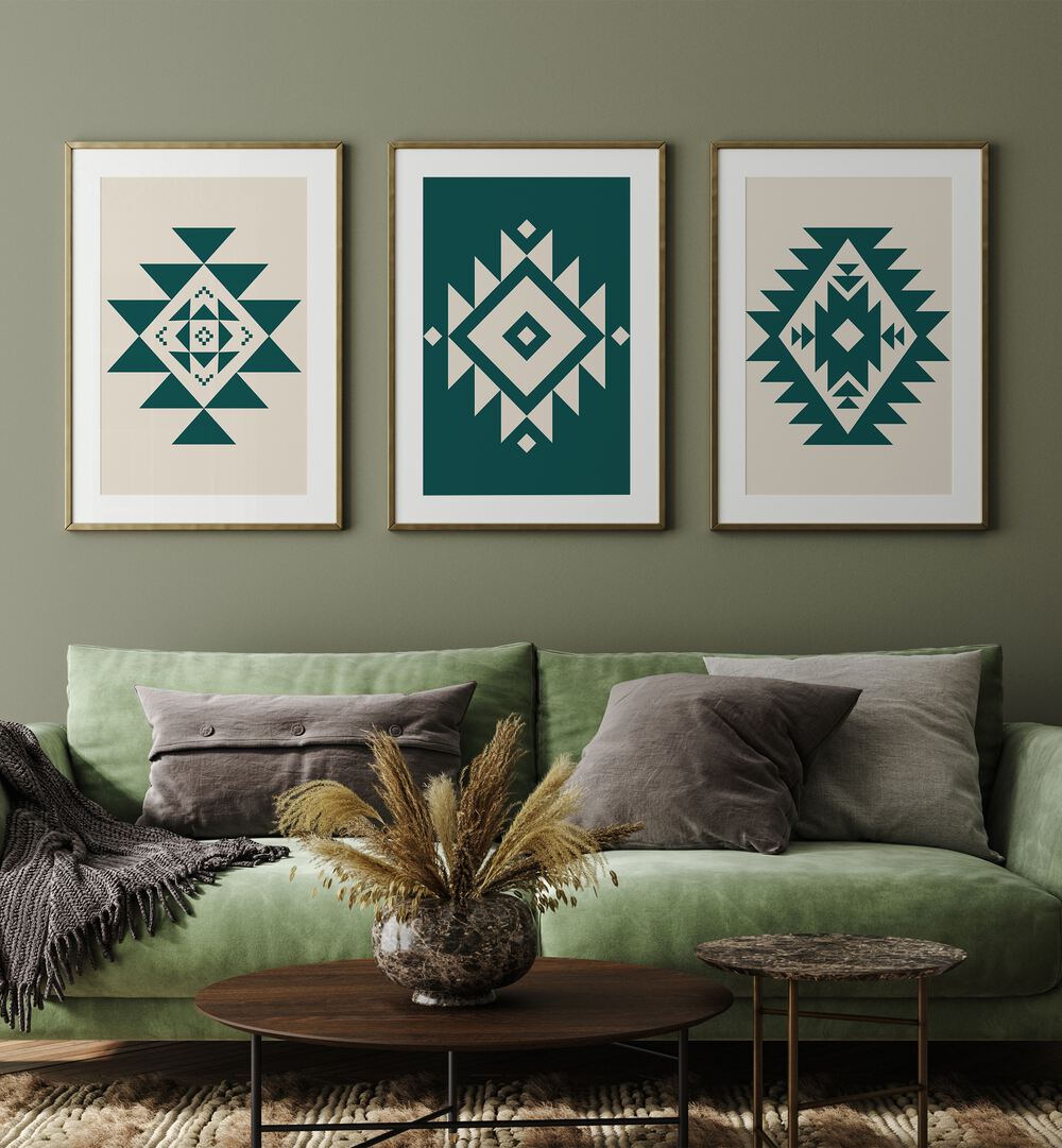 Geometric Patterns Set Of 3 Paintings in Oak Wood Plain Frame placed on a wall living room wall behind a sofa