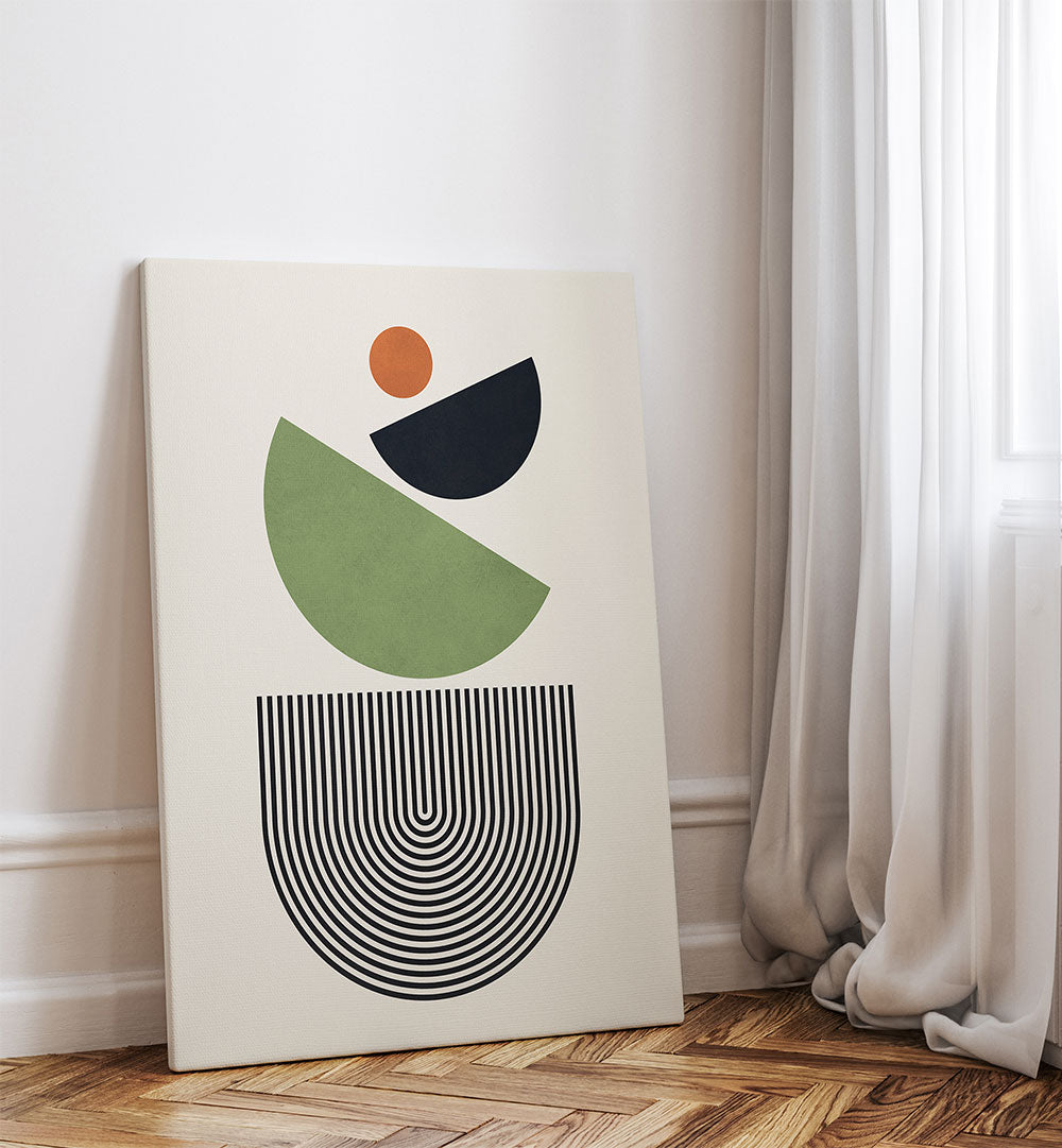 GEOMETRIC SHAPES IN GREEN BLACK AND ORANGE , GEOMETRIC ART PRINTS