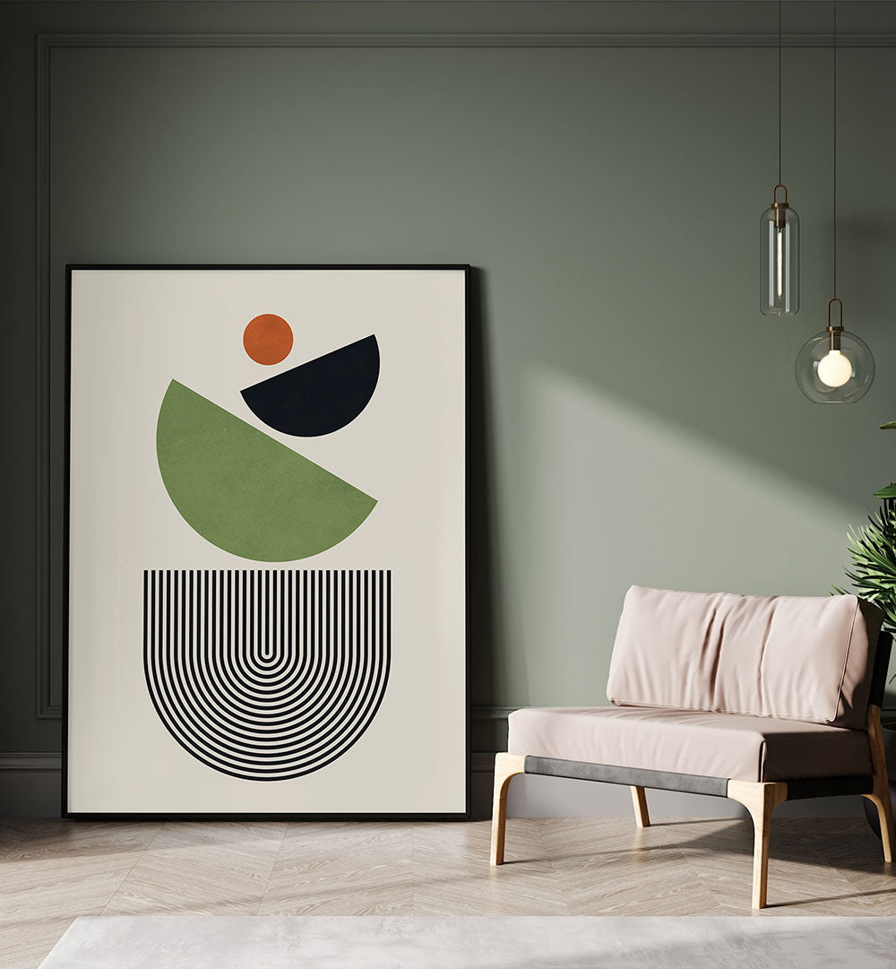 GEOMETRIC SHAPES IN GREEN BLACK AND ORANGE , GEOMETRIC ART PRINTS