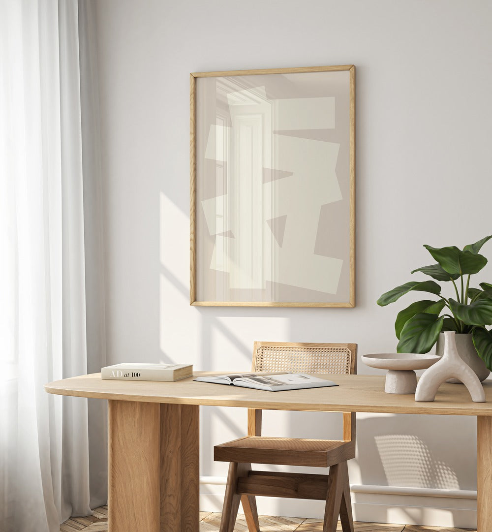 Geometrical Graphic Abstract Art Abstract Paintings in Oak Wood Plain Frame placed on a White Colored Wall above a Study Table in the Work Space in the Drawing Room