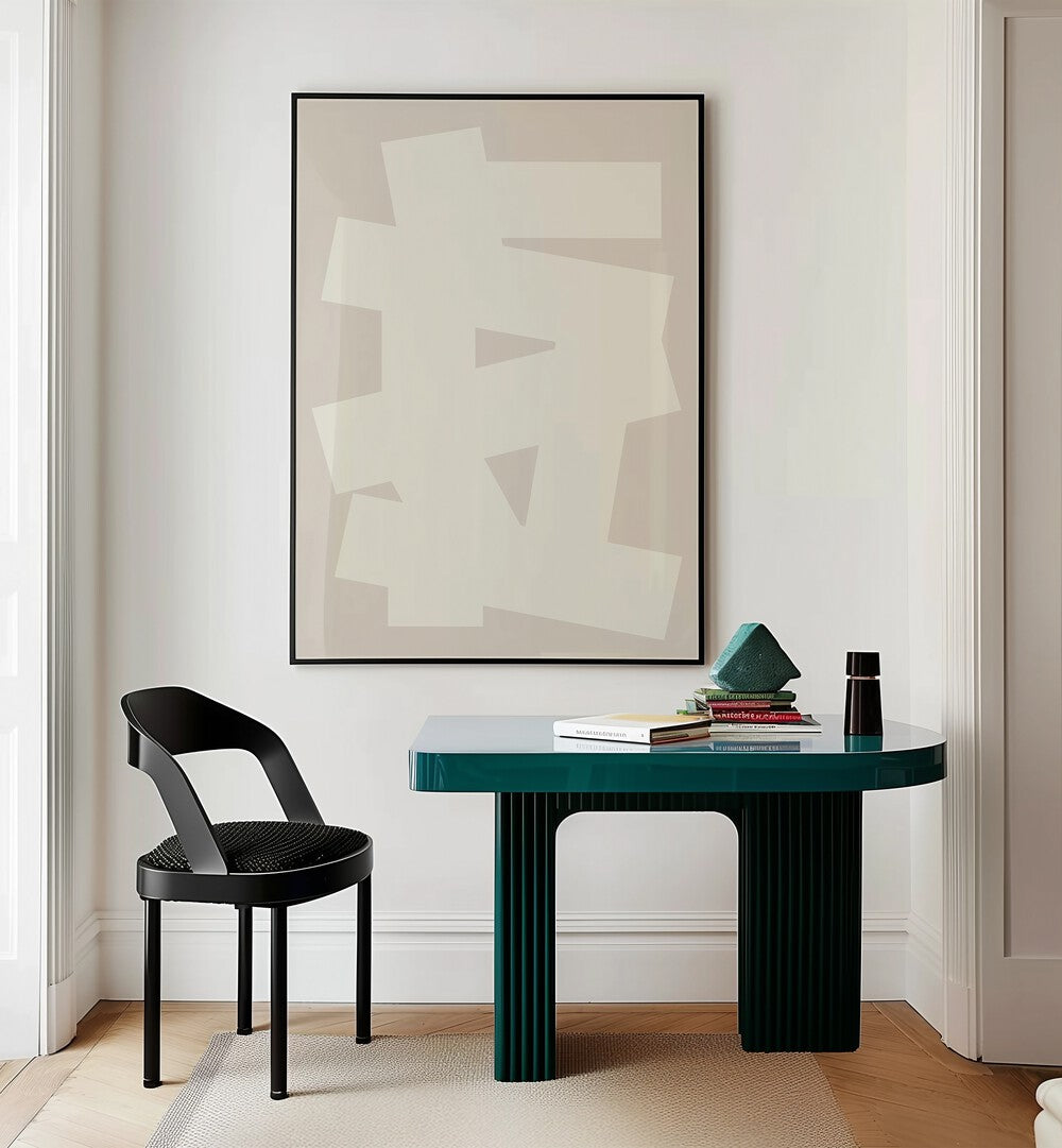 Geometrical Graphic Abstract Art Abstract Paintings in Black Plain Frame placed on a White Colored Wall Near a Study Table in the Work Space in the Drawing Room