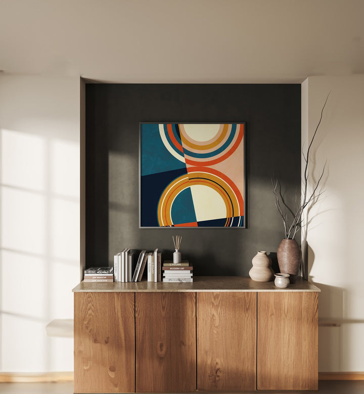 Geometry New I By Ana Rut Bre Abstract Art Abstract Paintings in Black Plain Frame placed on a Dark Grey Colored Wall above a Console Table in the Living Room