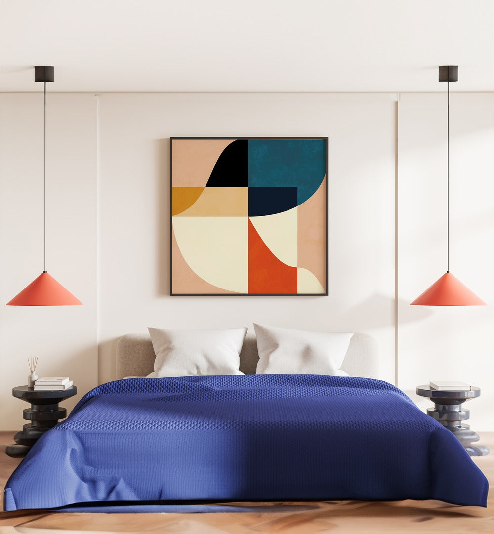 Geometry New II By Ana Rut Bre Abstract Art Abstract Paintings in Black Plain Frame placed on a Cream Colored Wall near a Bed in the Bedroom