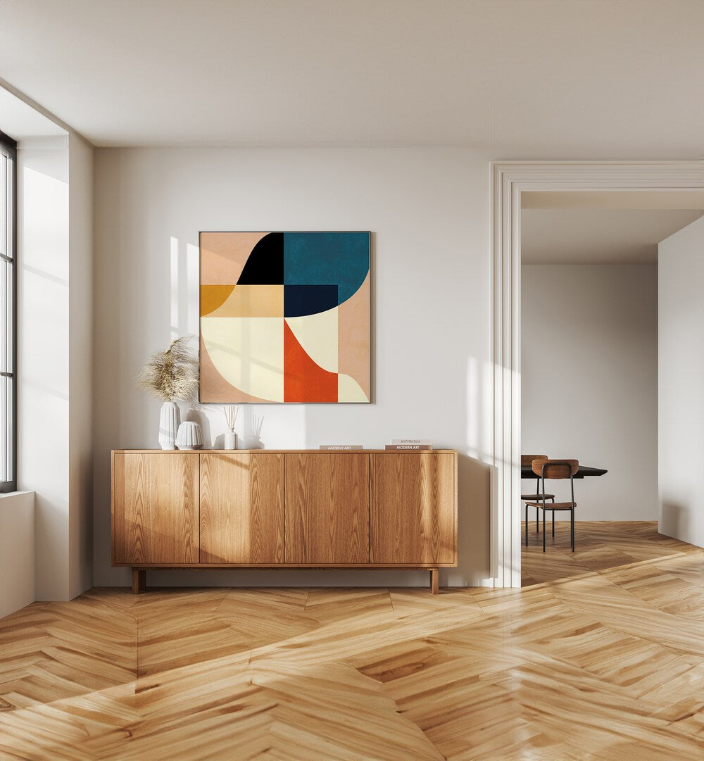 Geometry New II By Ana Rut Bre Abstract Art Abstract Paintings in Oak Wood Plain Frame placed on a White Colored Wall above a Console Table in the Drawing Room