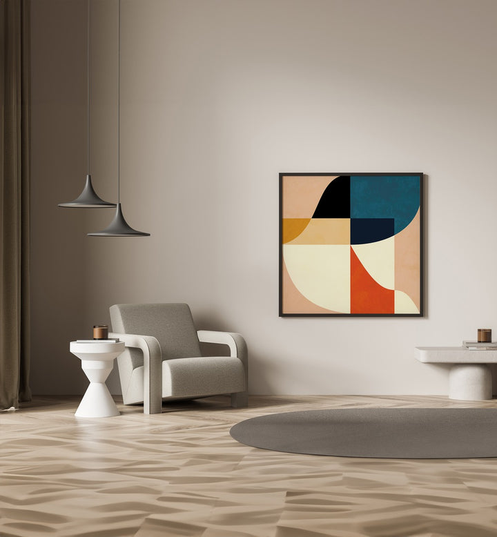 Geometry New II By Ana Rut Bre Abstract Art Abstract Paintings in Black Plain Frame placed on a Beige Colored Wall in the Drawing Room