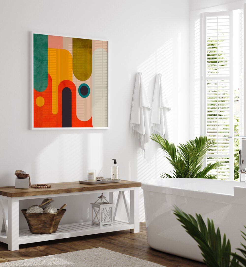 Geometry New III By Ana Rut Bre Abstract Art Abstract Paintings in White Plain Frame placed on a White Colored Wall near a Bathtub in the Bathroom