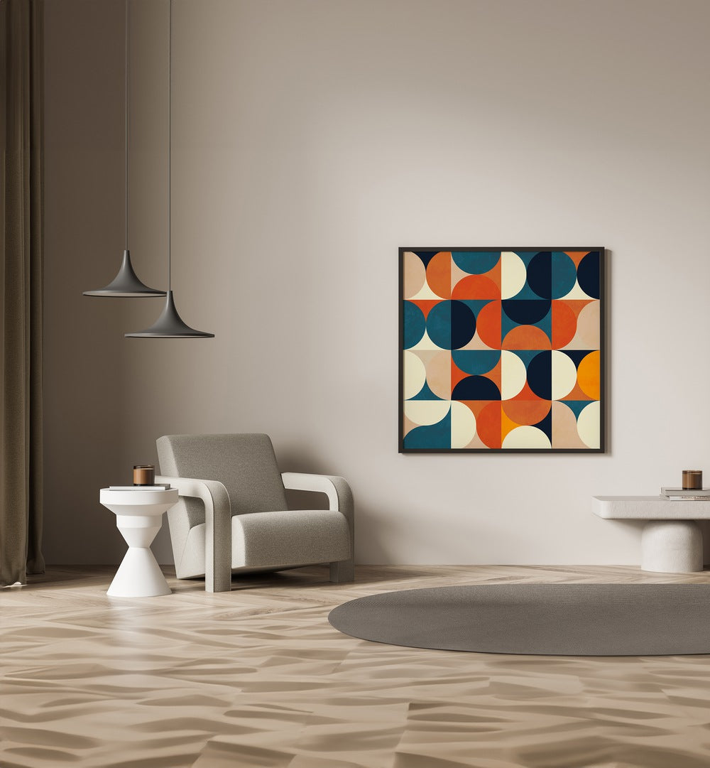 Geometry New Marron By Ana Rut Bre Abstract Art Abstract Paintings in Black Plain Frame placed on a Beige Colored Wall in the Drawing Room