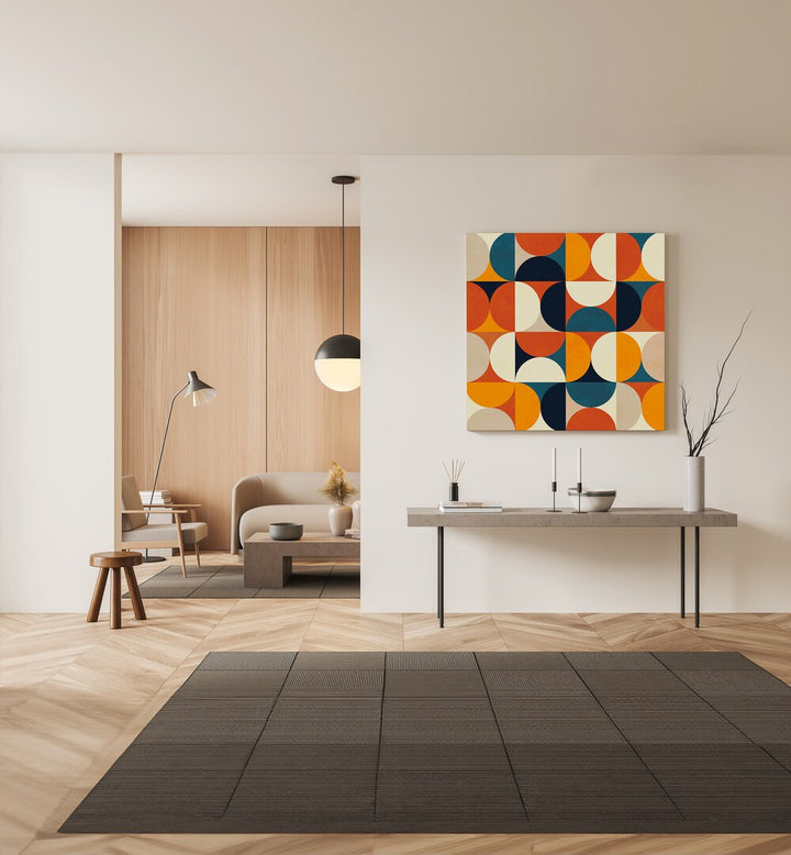 Geometry New Rougeatre By Ana Rut Bre Abstract Art Abstract Paintings in Gallery Wrap placed on a Cream Colored Wall above a Console Table in the Drawing Room