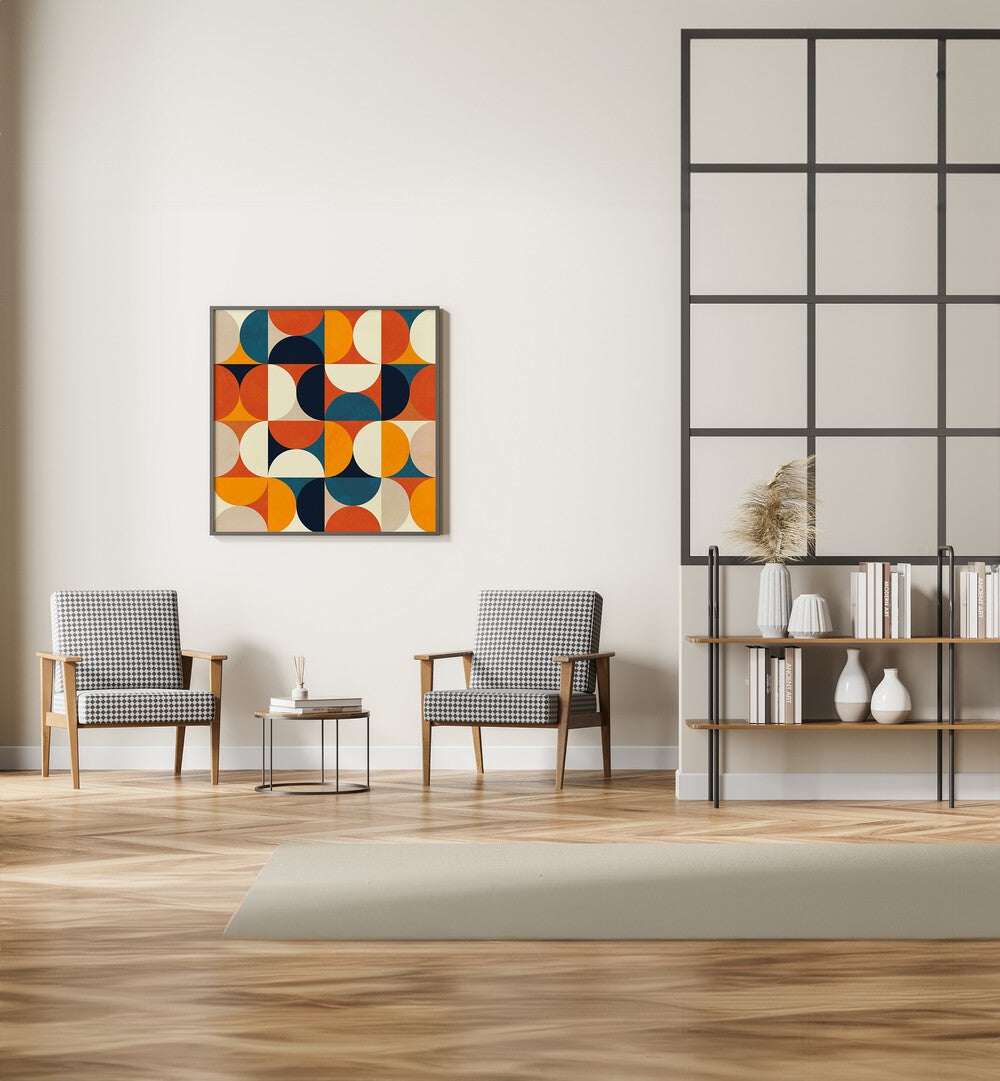 Geometry New Rougeatre By Ana Rut Bre Abstract Art Abstract Paintings in Black Plain Frame placed on a Cream Colored Wall in the Drawing Room