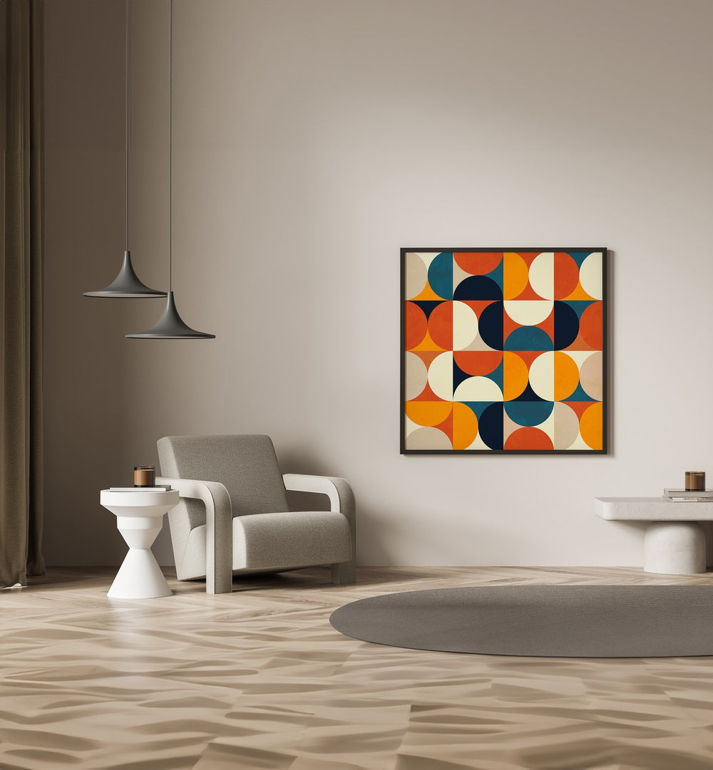 Geometry New Rougeatre By Ana Rut Bre Abstract Art Abstract Paintings in Black Plain Frame placed on a Beige Colored Wall in the Drawing Room