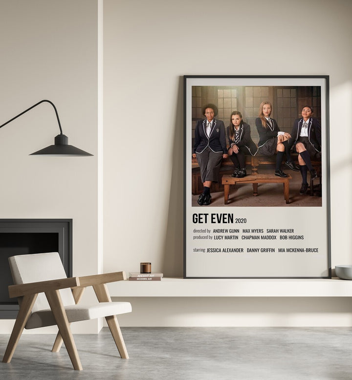 Get Even 2020 Movie Posters in Black Plain Frame placed on a shelf beside a hearth