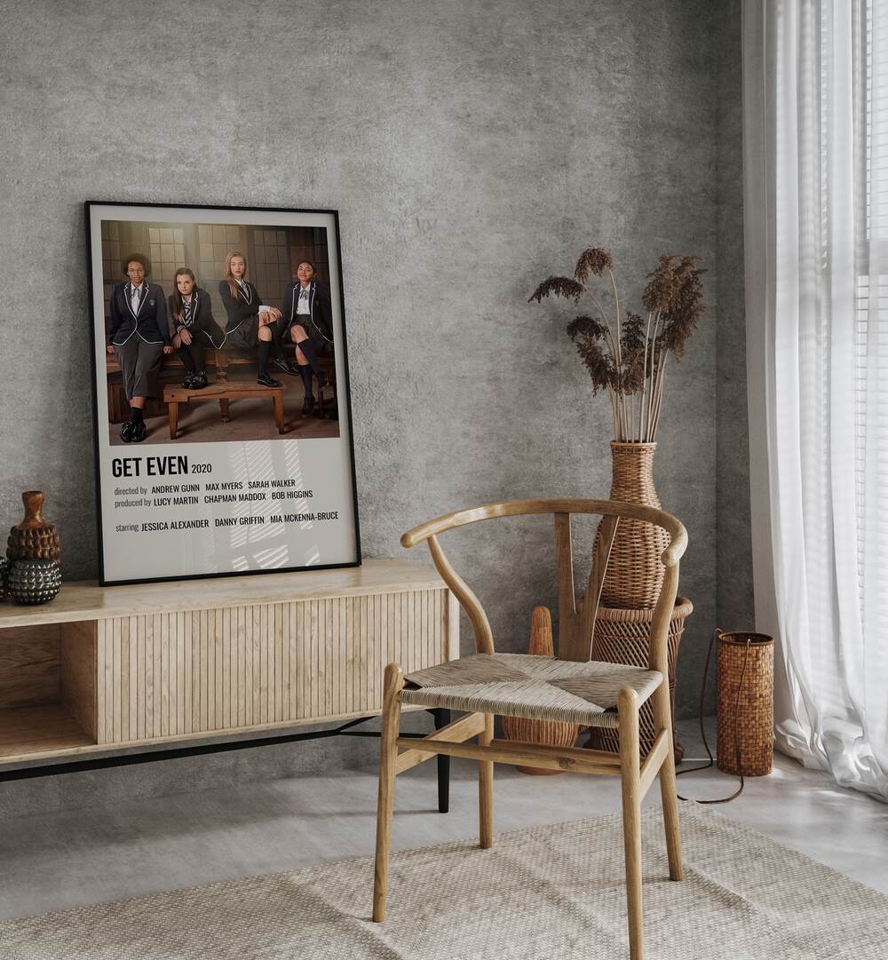 Get Even 2020 Movie Posters in Black Plain Frame placed on a console behind a chair