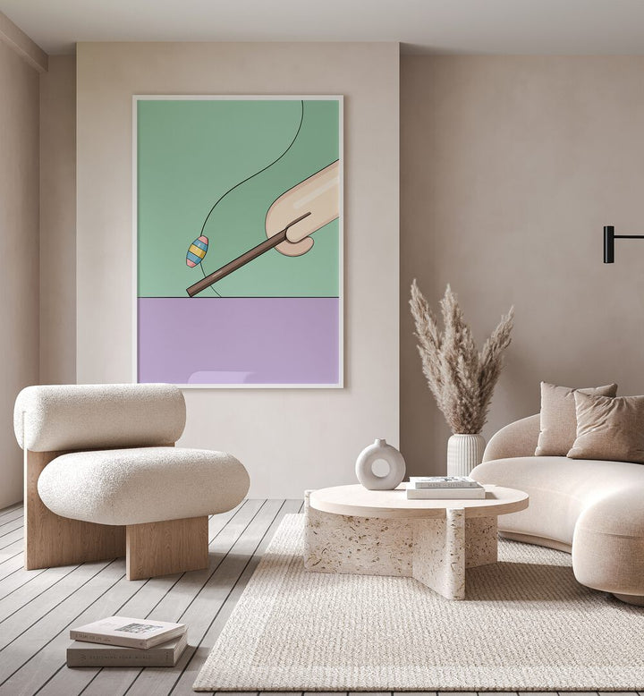 Gilli Danda By Samridhi Sharma Gaming Posters in White Plain Frame placed on a Beige Colored Wall in the Living Room