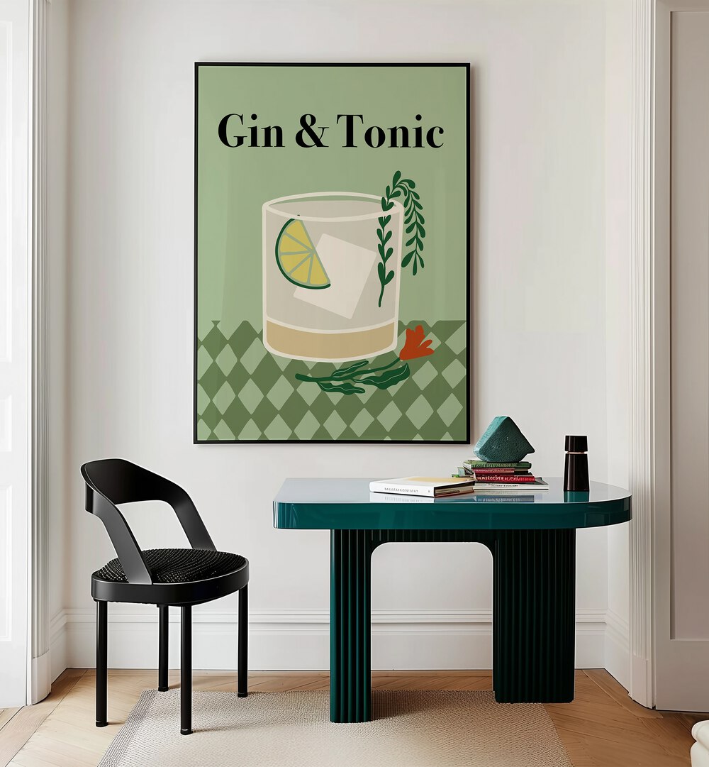 Gin A Tonic By Miho Art Studio Bar Posters Bar Art Prints in Black Plain Frame placed on a Cream Colored Wall near a Table in a Workspace in the Drawing Room