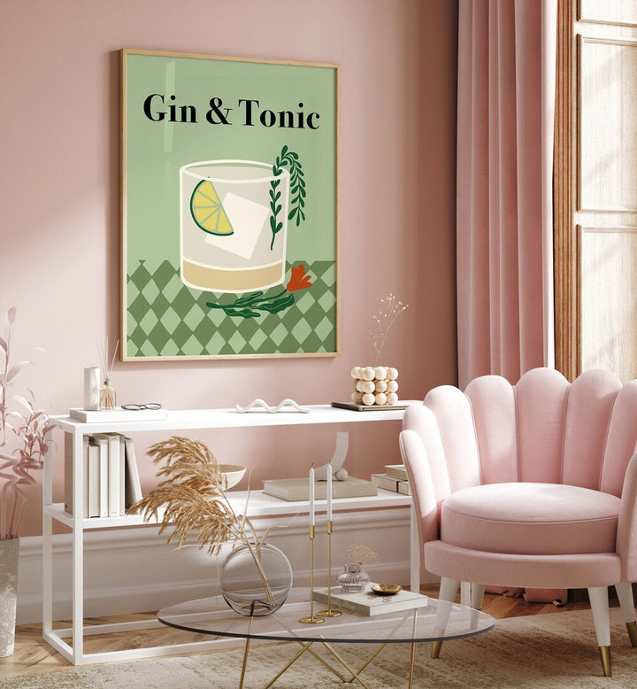 Gin A Tonic By Miho Art Studio Bar Posters Bar Art Prints in Oak Wood Plain Frame placed on a Pink Colored Wall above a Console Table in the Drawing Room