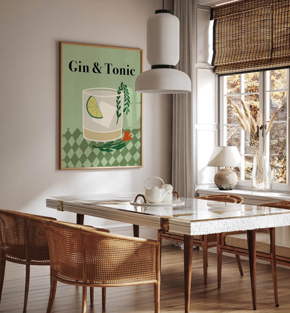 Gin A Tonic By Miho Art Studio Bar Posters Bar Art Prints in Oak Wood Plain Frame placed on a Cream Colored Wall near a Dining Table in the Dining Room