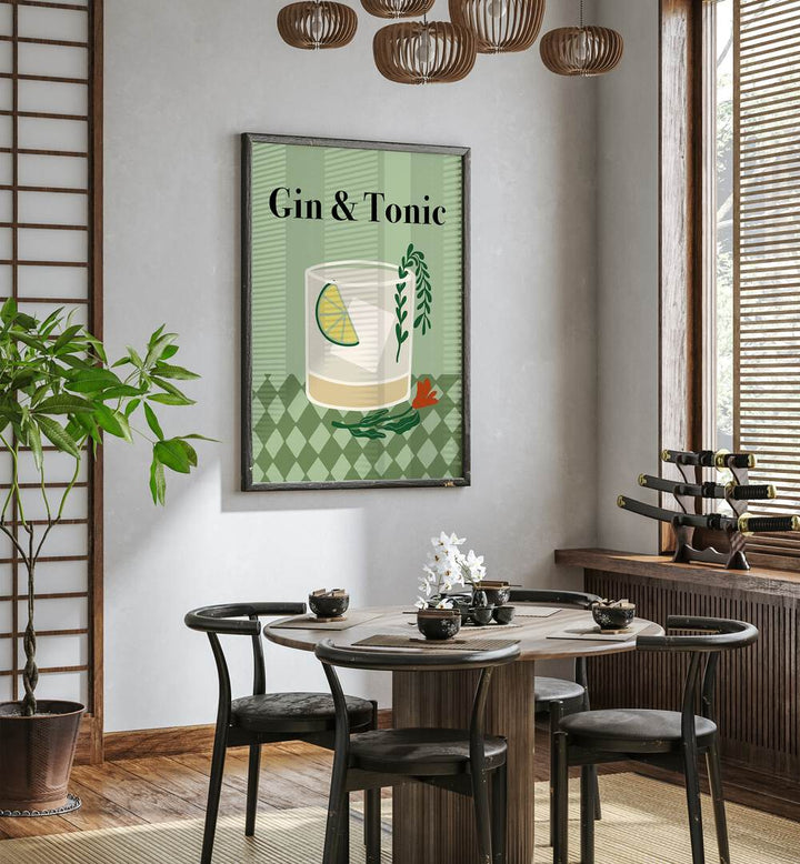 Gin A Tonic By Miho Art Studio Bar Posters Bar Art Prints in Dark Wood Plain Frame placed on a White Colored Wall near a Coffee Table in the Dining Room