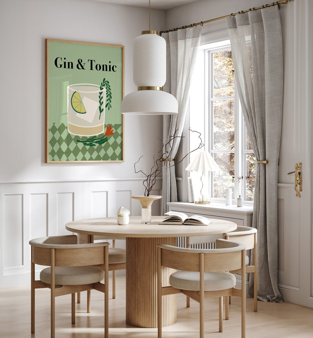 Gin A Tonic By Miho Art Studio Bar Posters Bar Art Prints in Oak Wood Plain Frame placed on a White Colored Wall near a Coffee Table in the Dining Room