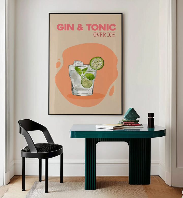  Gin and Tonic Cafe Art Prints Cafe Posters in Black Plain Frame placed on a wall behind a study table