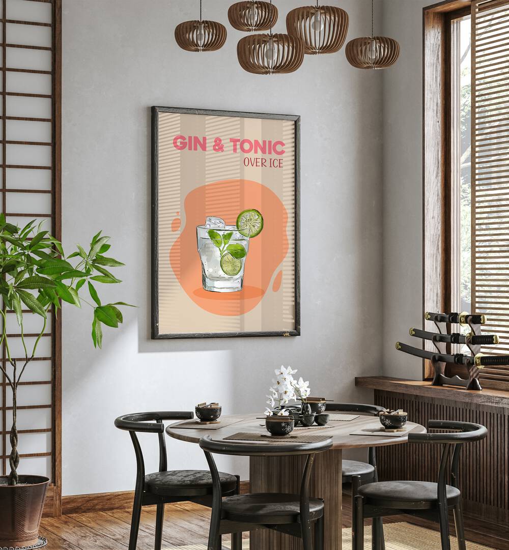 Gin and Tonic Cafe Art Prints Cafe Posters in Black Plain Frame placed on a wall in a dining room area beside a window and behind a dining table