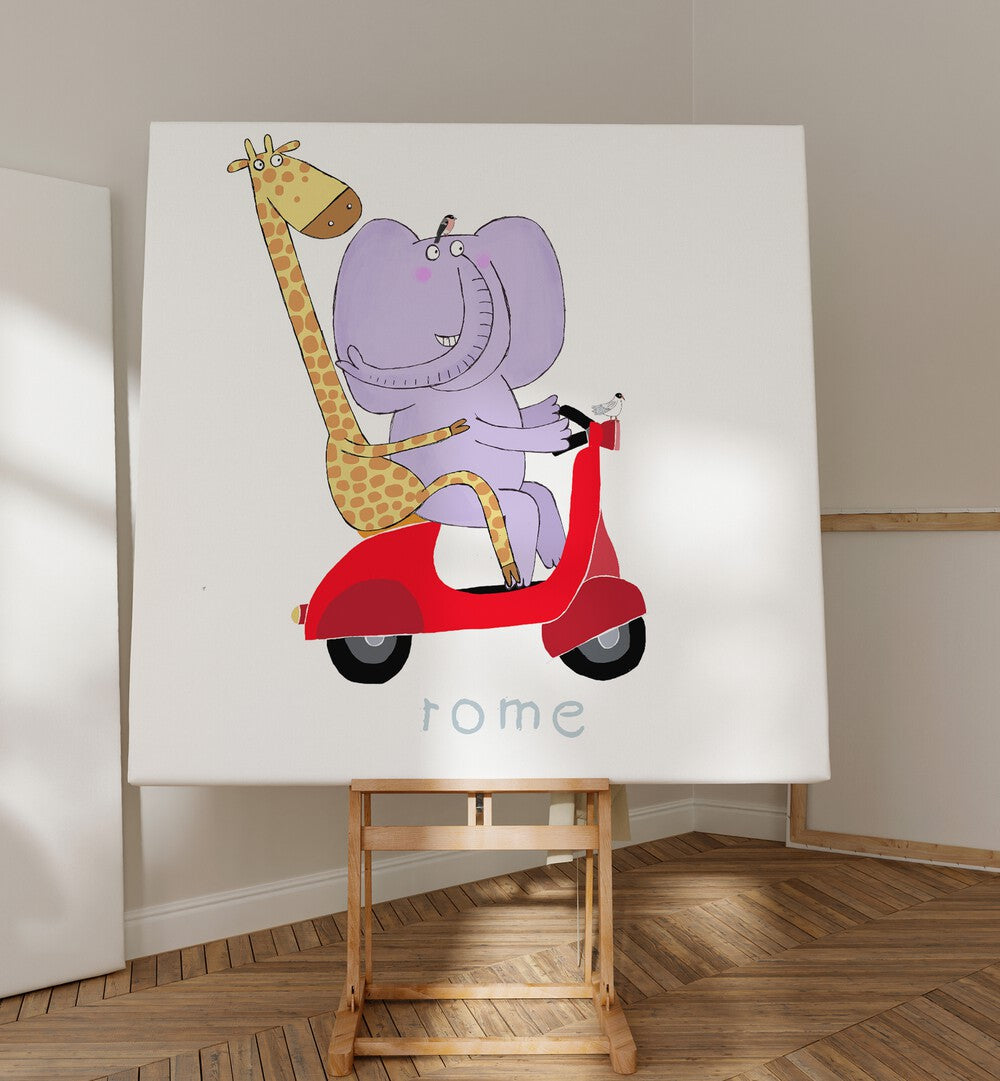 Giraffe And Elephant Travel Through The Streets Of Rome On A Vespa By Carla Daly Kids Room Paintings placed on a wall