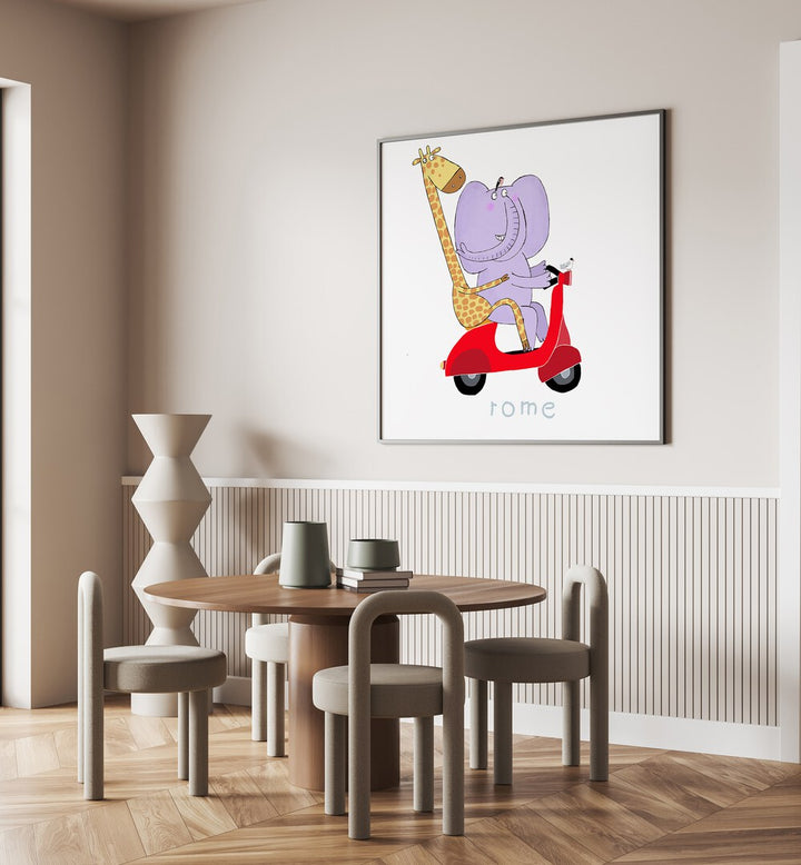 Giraffe And Elephant Travel Through The Streets Of Rome On A Vespa By Carla Daly Kids Room Paintings placed on a wall