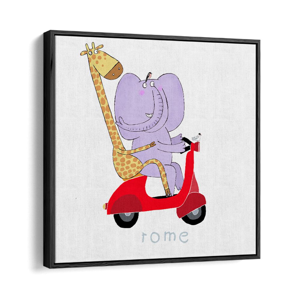 Giraffe And Elephant Travel Through The Streets Of Rome On A Vespa By Carla Daly Kids Room Painting in Black Floater Frame