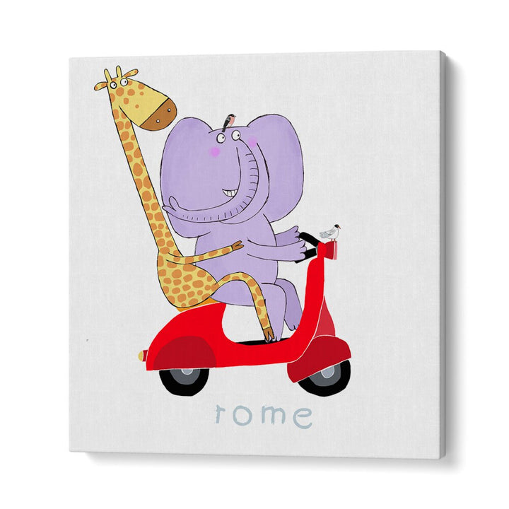 Giraffe And Elephant Travel Through The Streets Of Rome On A Vespa By Carla Daly Kids Room Painting in Gallery Wrap