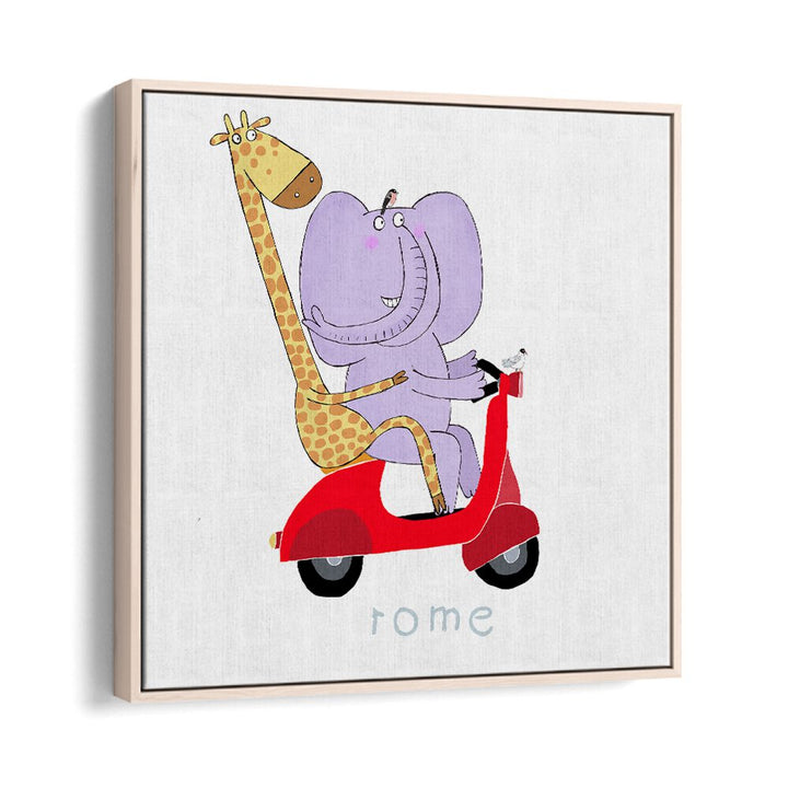 Giraffe And Elephant Travel Through The Streets Of Rome On A Vespa By Carla Daly Kids Room Painting in Oak Wood Floater Frame