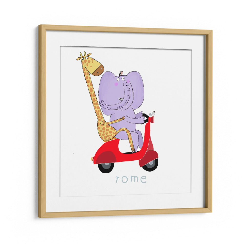 Giraffe And Elephant Travel Through The Streets Of Rome On A Vespa By Carla Daly Kids Room Painting in Oak Wood Frame With Mount