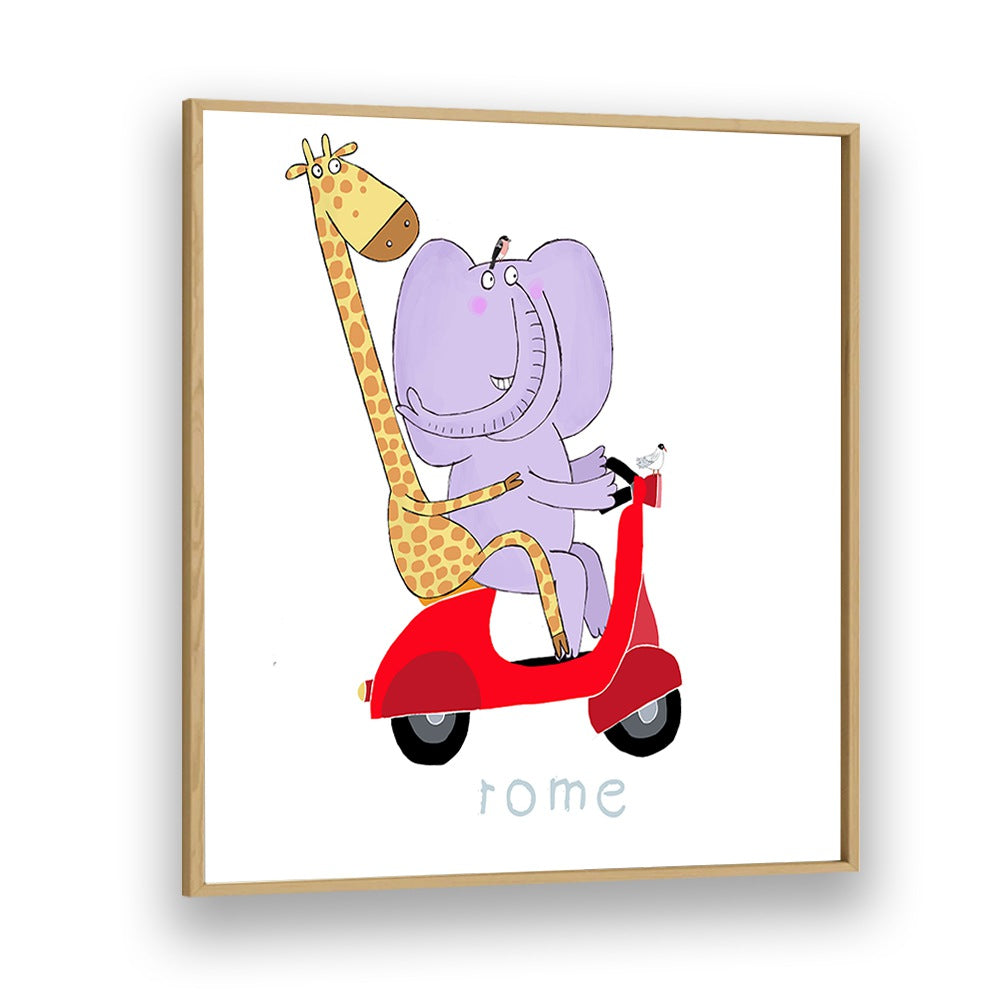 Giraffe And Elephant Travel Through The Streets Of Rome On A Vespa By Carla Daly Kids Room Painting in Oak Wood Plain Frame